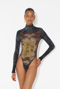 Mesh Body With Open Back Printed "Médaillon" - Black & Vintageblue & Green