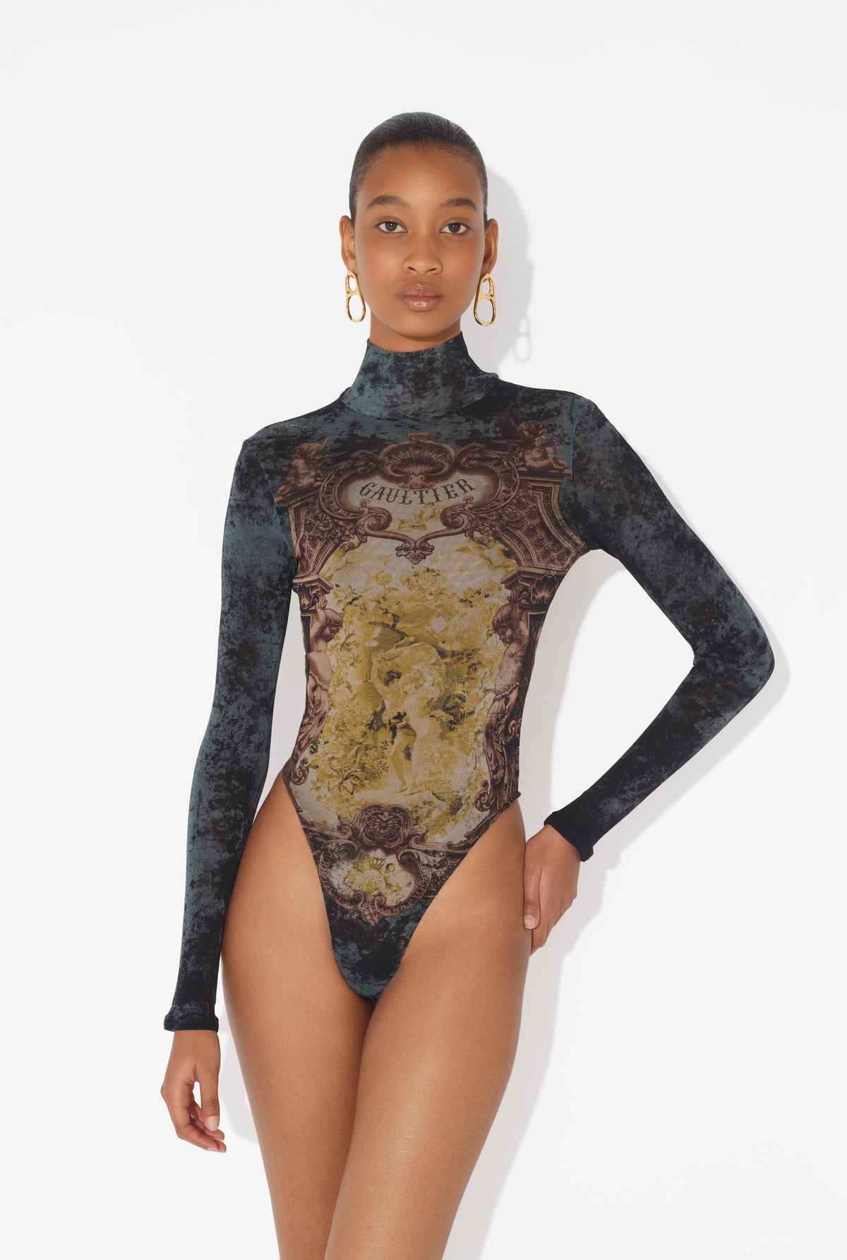 Mesh Body With Open Back Printed "Médaillon" - Black & Vintageblue & Green
