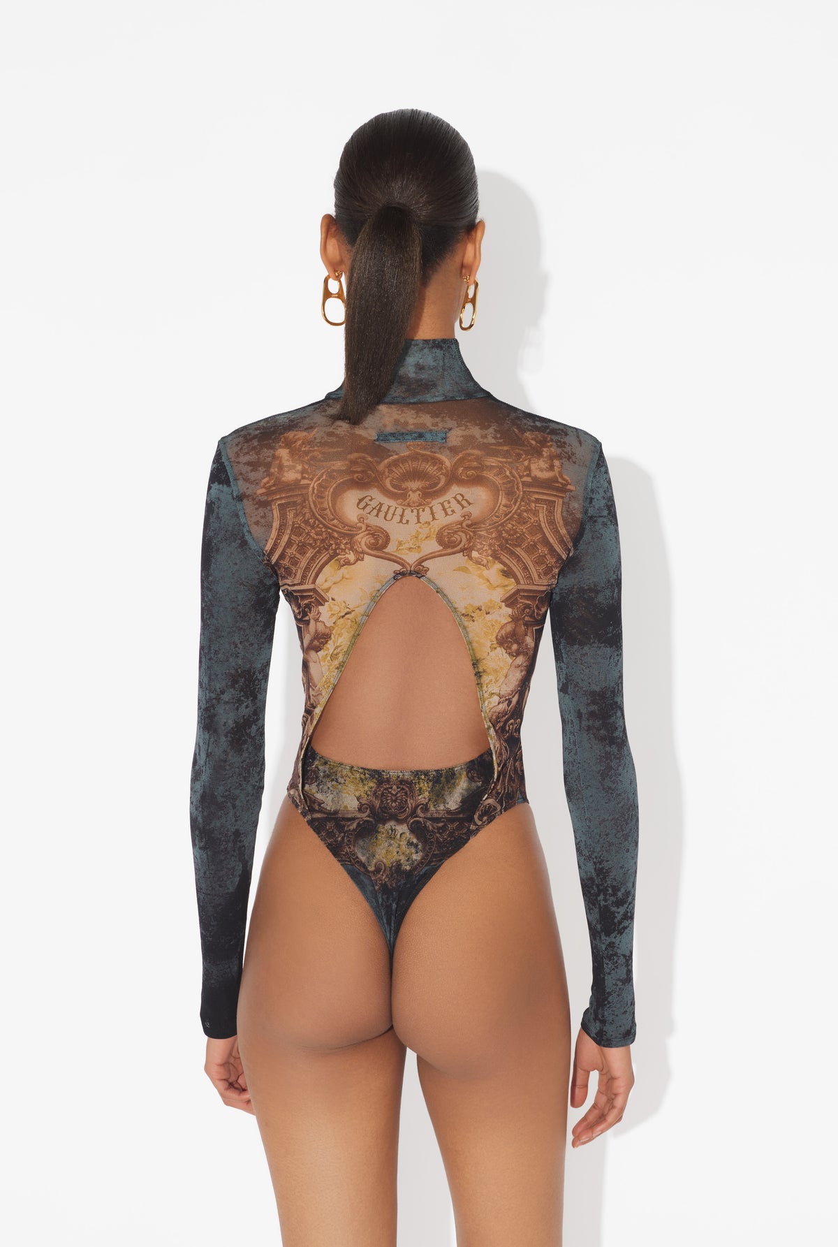 Mesh Body With Open Back Printed "Médaillon" - Black & Vintageblue & Green
