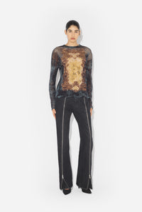 Mesh Oversized Crew Neck Top Printed "Médaillon" - Black & Vintageblue & Green