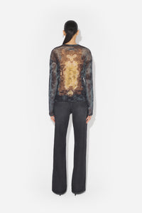 Mesh Oversized Crew Neck Top Printed "Médaillon" - Black & Vintageblue & Green