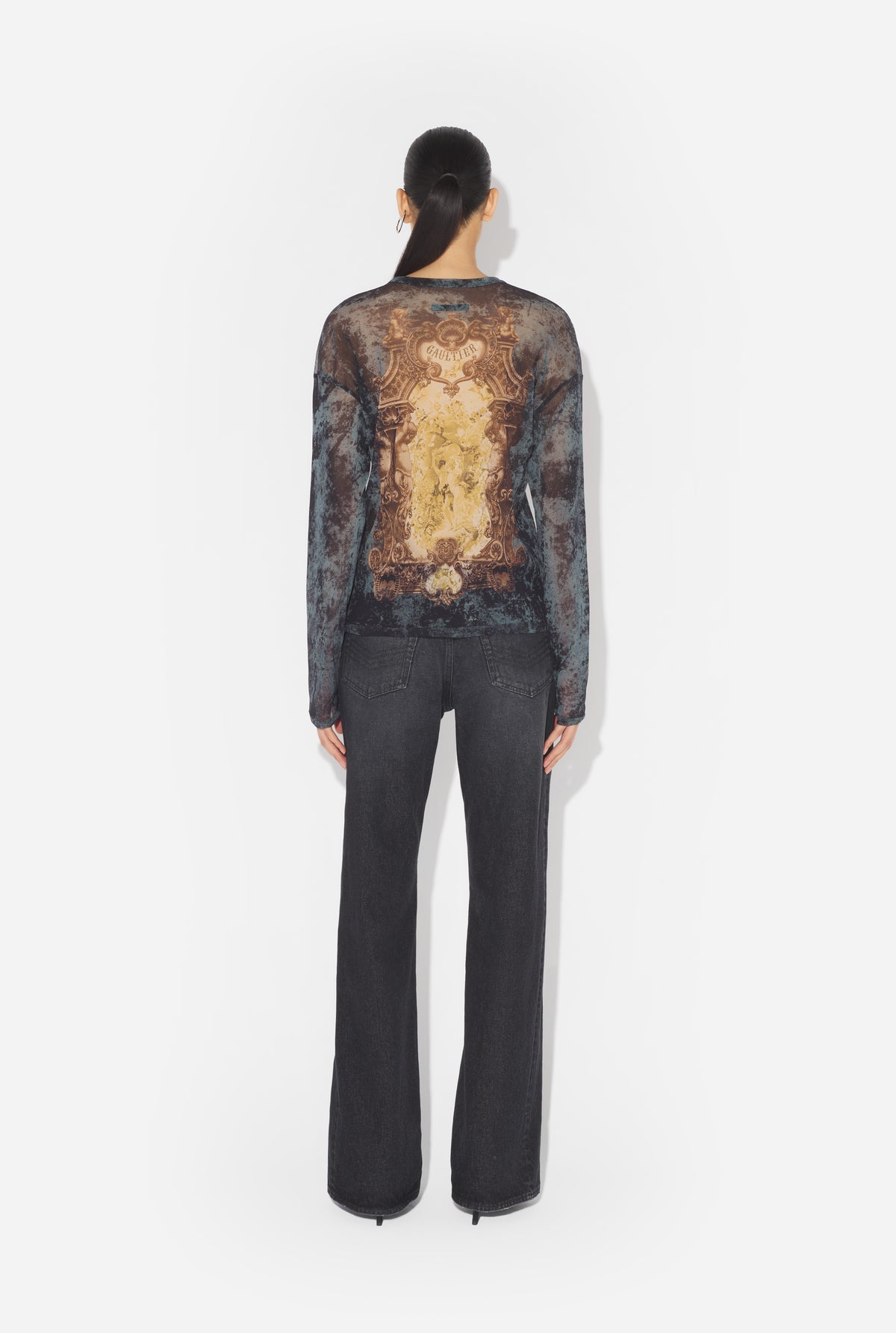 Mesh Oversized Crew Neck Top Printed "Médaillon" - Black & Vintageblue & Green