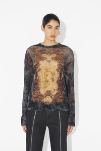 Mesh Oversized Crew Neck Top Printed "Médaillon" - Black & Vintageblue & Green