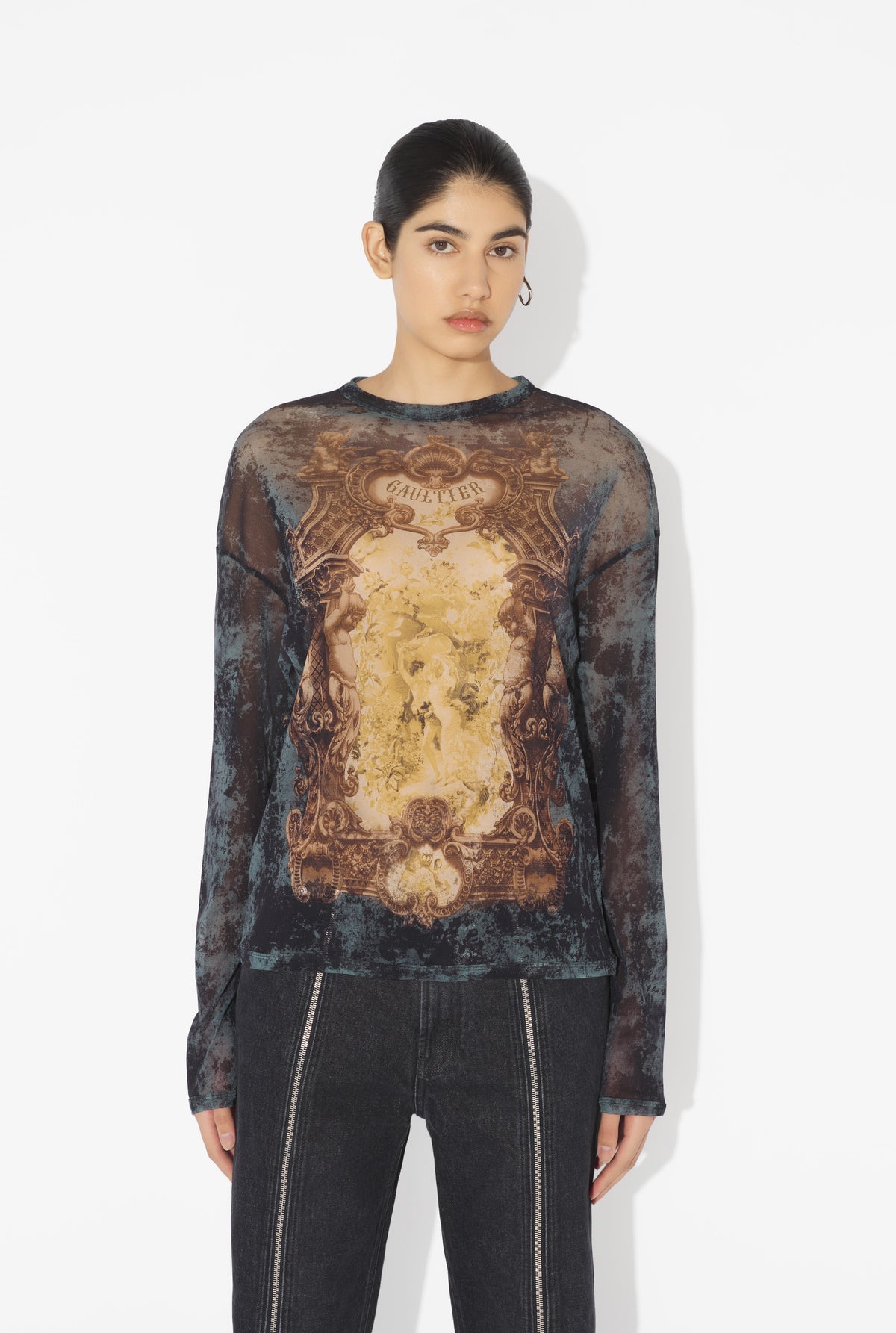 Mesh Oversized Crew Neck Top Printed "Médaillon" - Black & Vintageblue & Green