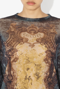 Mesh Oversized Crew Neck Top Printed "Médaillon" - Black & Vintageblue & Green