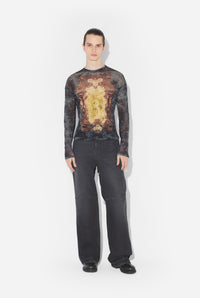 Mesh Oversized Crew Neck Top Printed "Médaillon" - Black & Vintageblue & Green