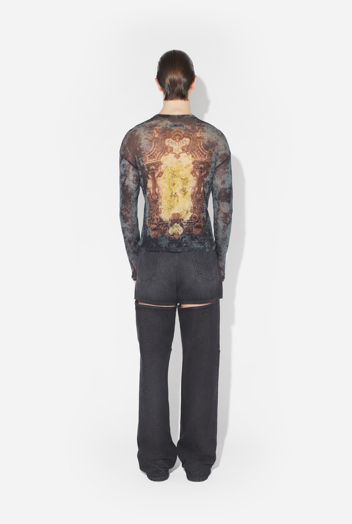 Mesh Oversized Crew Neck Top Printed "Médaillon" - Black & Vintageblue & Green