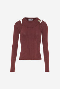 Stretch Cotton Rib Cut Out Top With Engraved Fastener - Burgundy