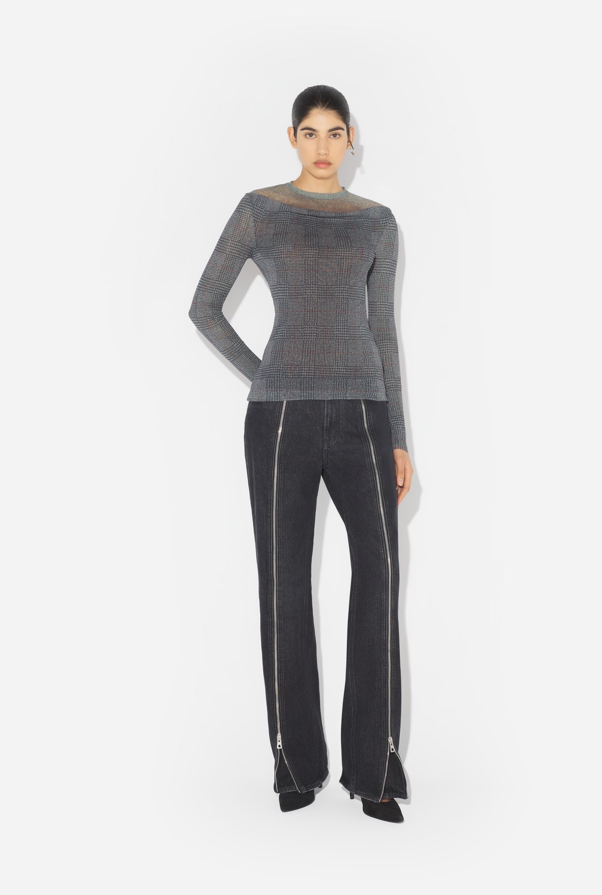 Mesh Top Double Layer Printed "Body Shadow" And "Prince Of Wales" - Lightgrey & Vanilla & Red