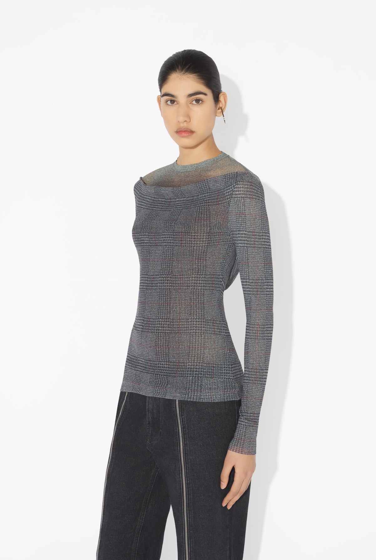Mesh Top Double Layer Printed "Body Shadow" And "Prince Of Wales" - Lightgrey & Vanilla & Red