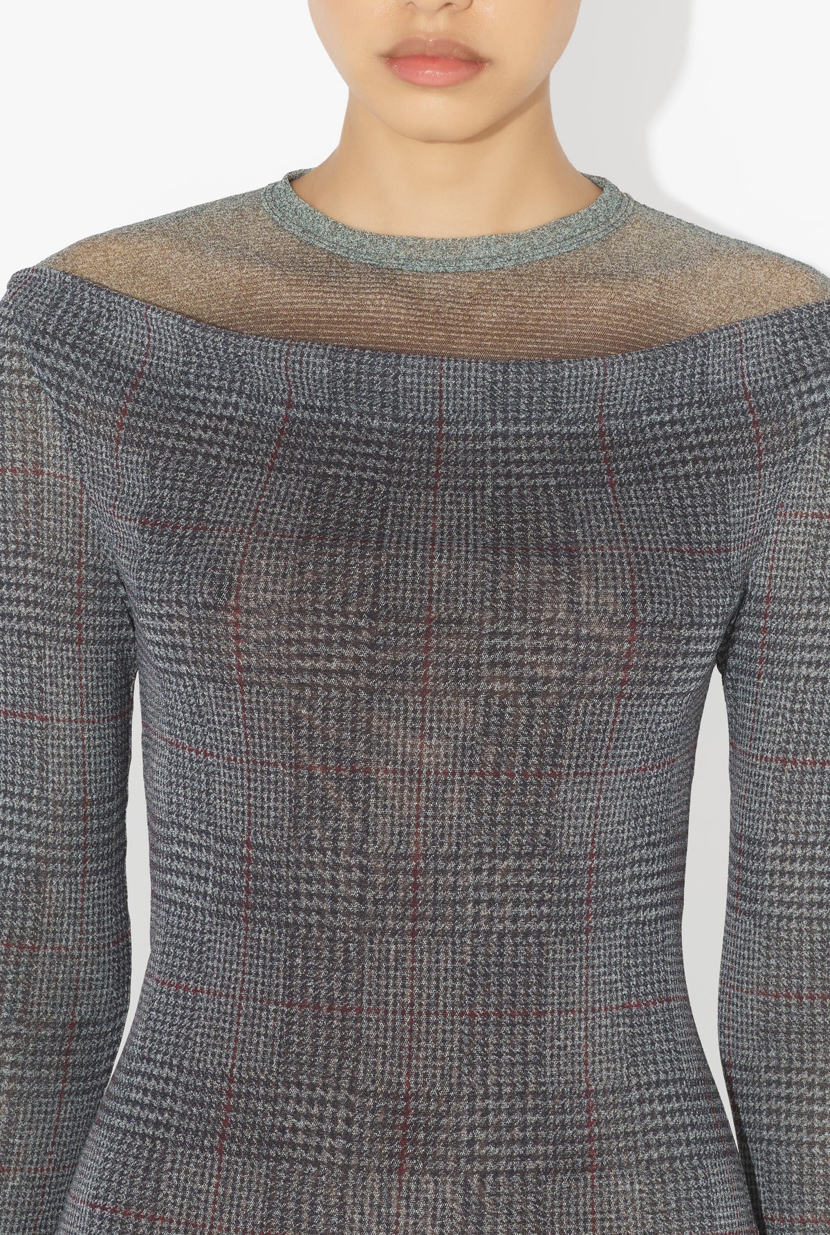 Mesh Top Double Layer Printed "Body Shadow" And "Prince Of Wales" - Lightgrey & Vanilla & Red