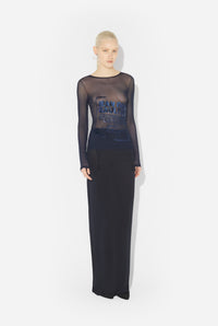 Mesh Crewneck Long Sleeves Top Embroidered "Gaultier Jacquard Label" - Navy