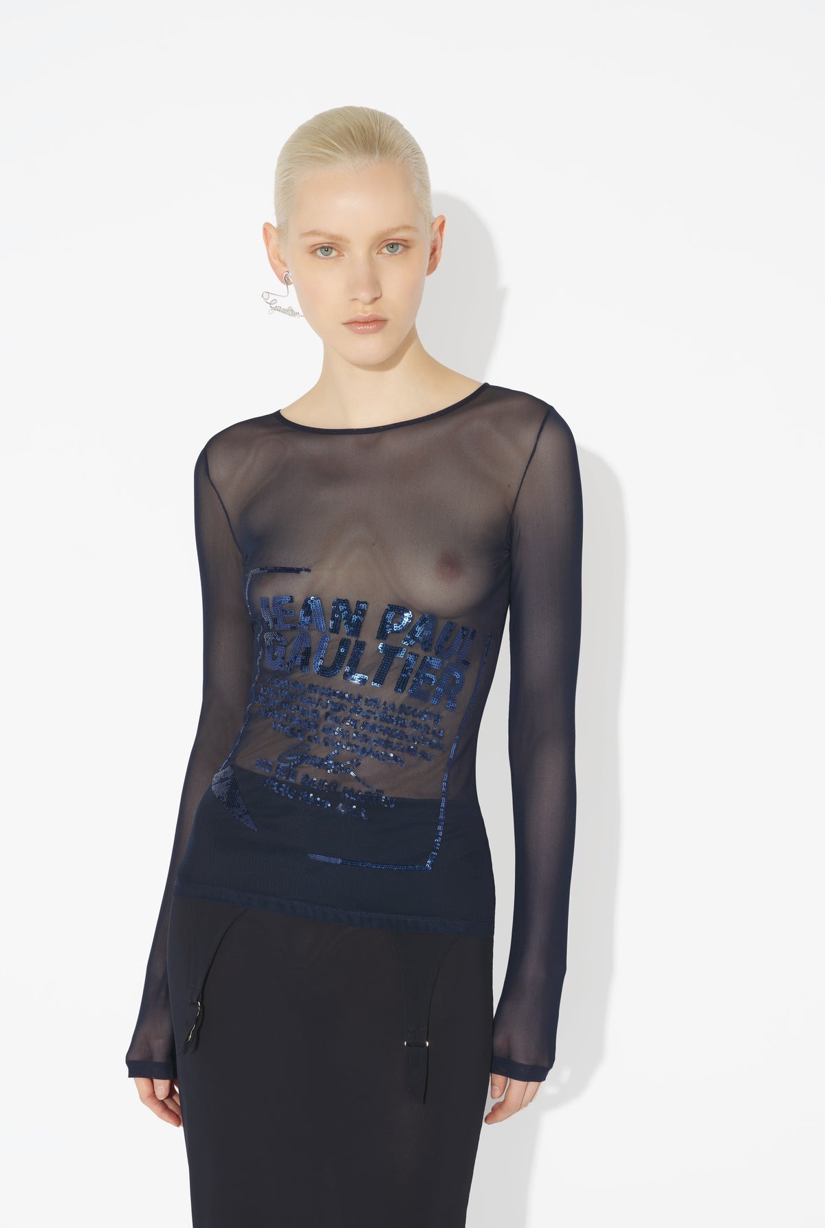 Mesh Crewneck Long Sleeves Top Embroidered "Gaultier Jacquard Label" - Navy