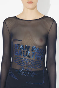Mesh Crewneck Long Sleeves Top Embroidered "Gaultier Jacquard Label" - Navy