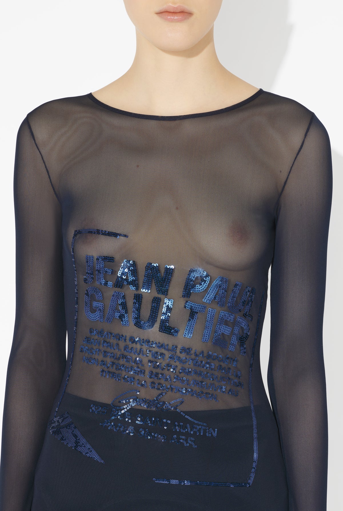 Mesh Crewneck Long Sleeves Top Embroidered "Gaultier Jacquard Label" - Navy