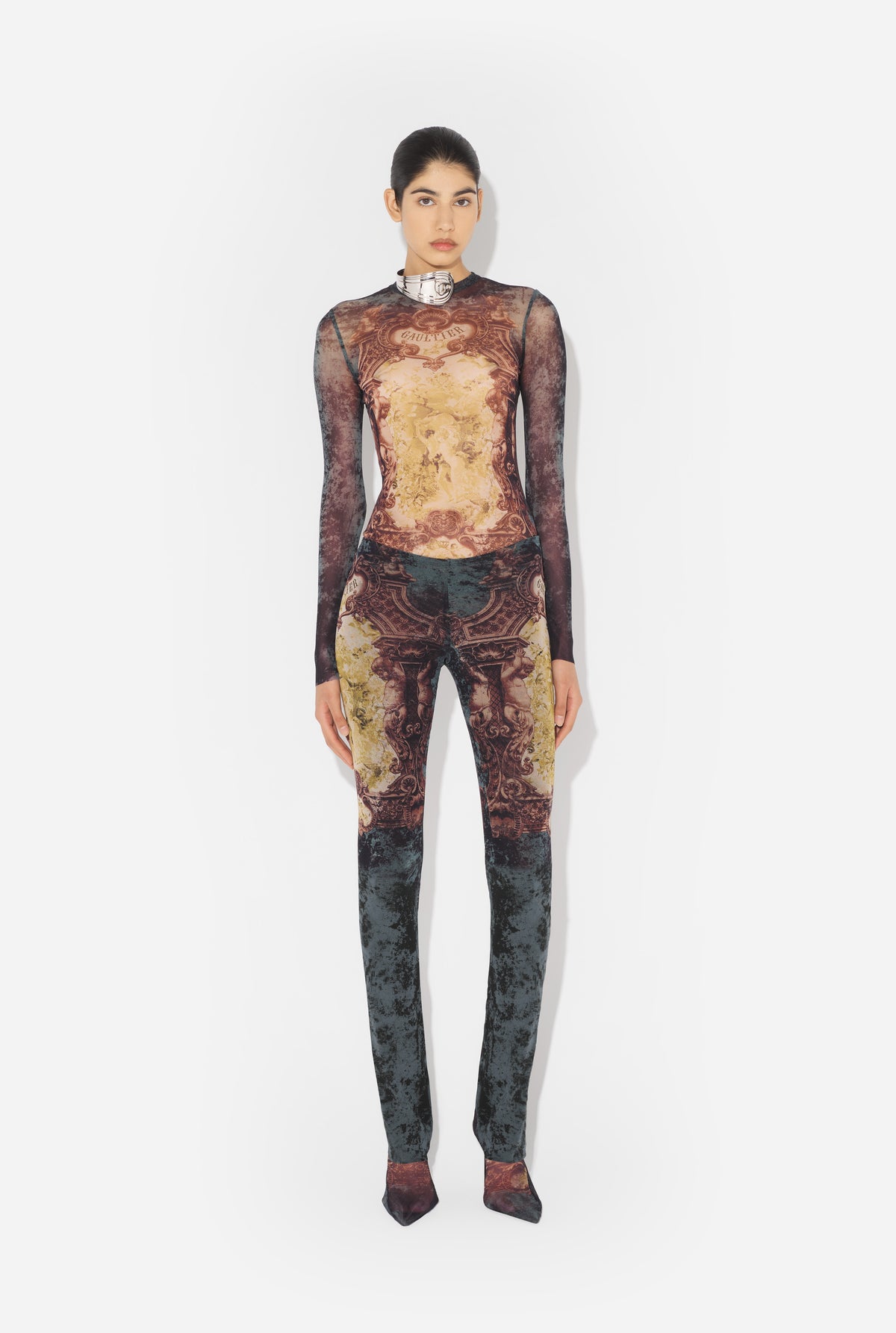 Mesh Trouser Printed "Médaillon" - Black & Vintageblue & Green