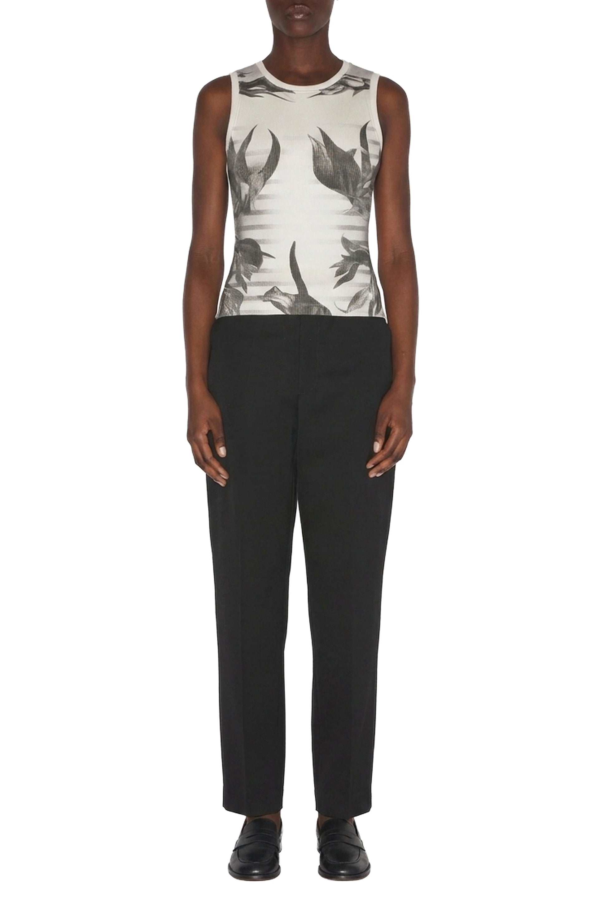 Flower print ribbed tank top in cotton - White & Grey & Black