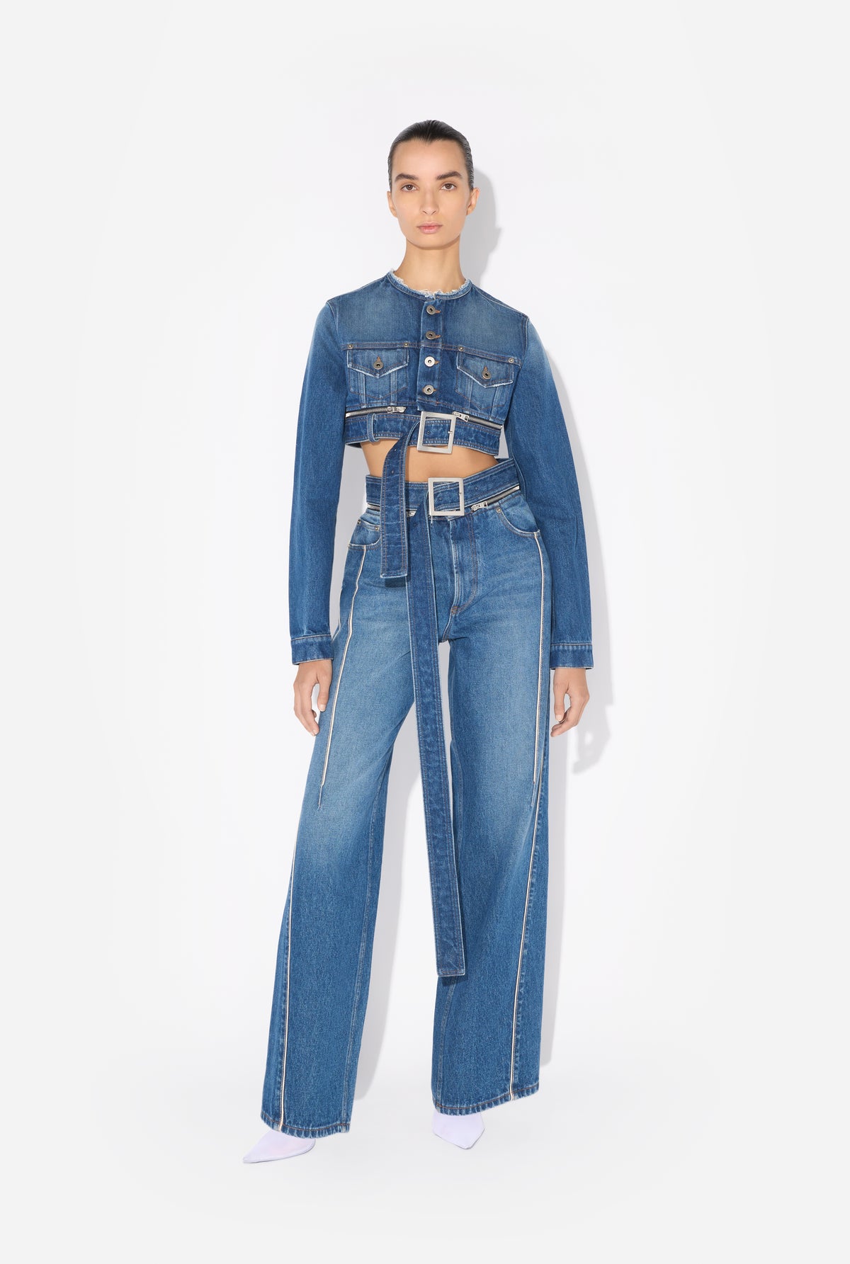 Denim Jean With Zip Belt And Selvege Detail - Vintageblue