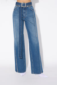 Denim Jean With Zip Belt And Selvege Detail - Vintageblue