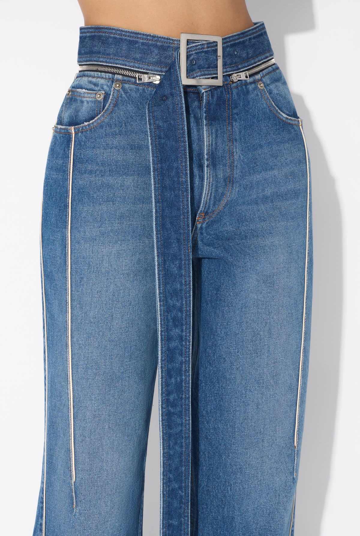 Denim Jean With Zip Belt And Selvege Detail - Vintageblue
