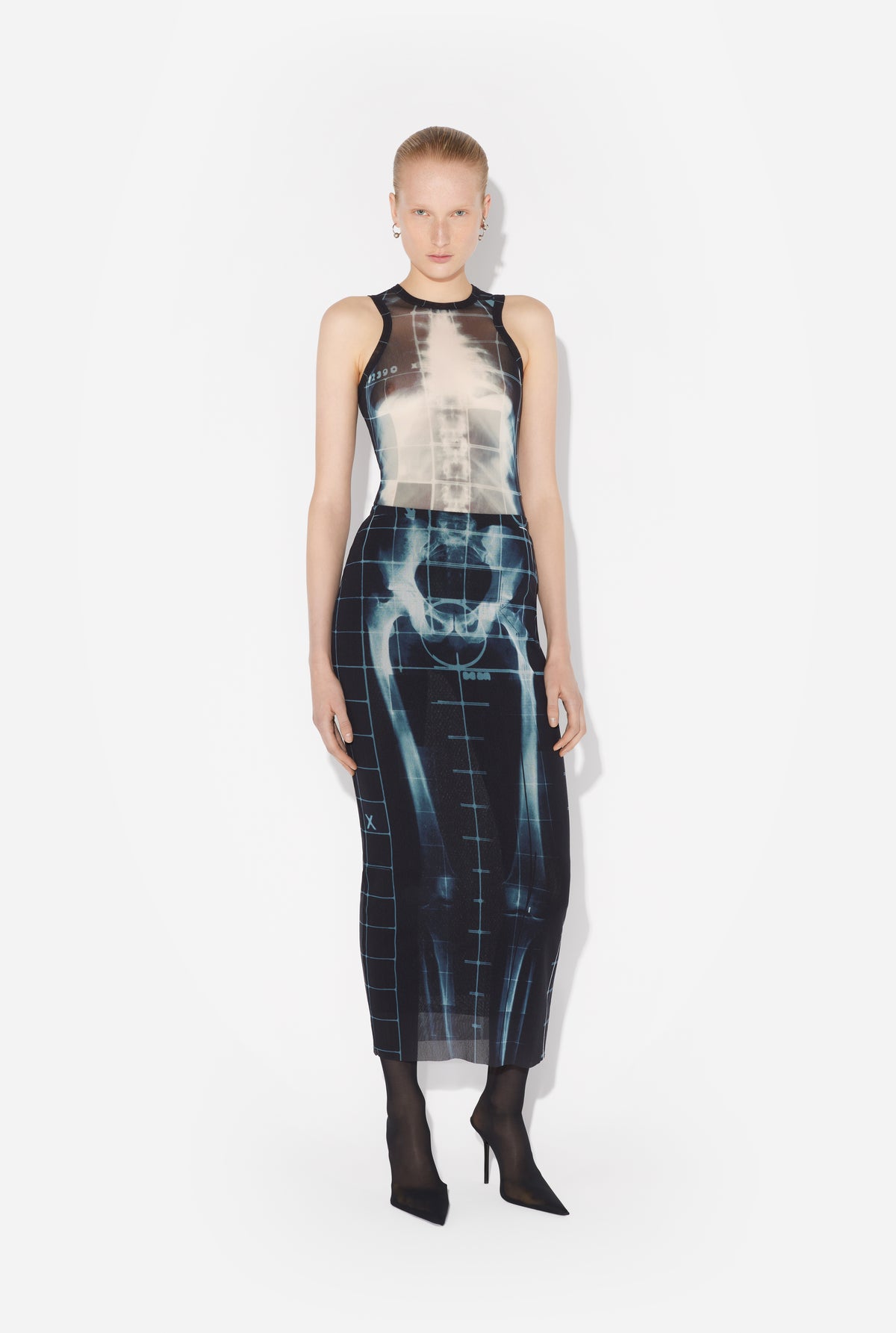 Mesh Long Skirt Printed "Squeletor" - Black & Navy & Lightblue