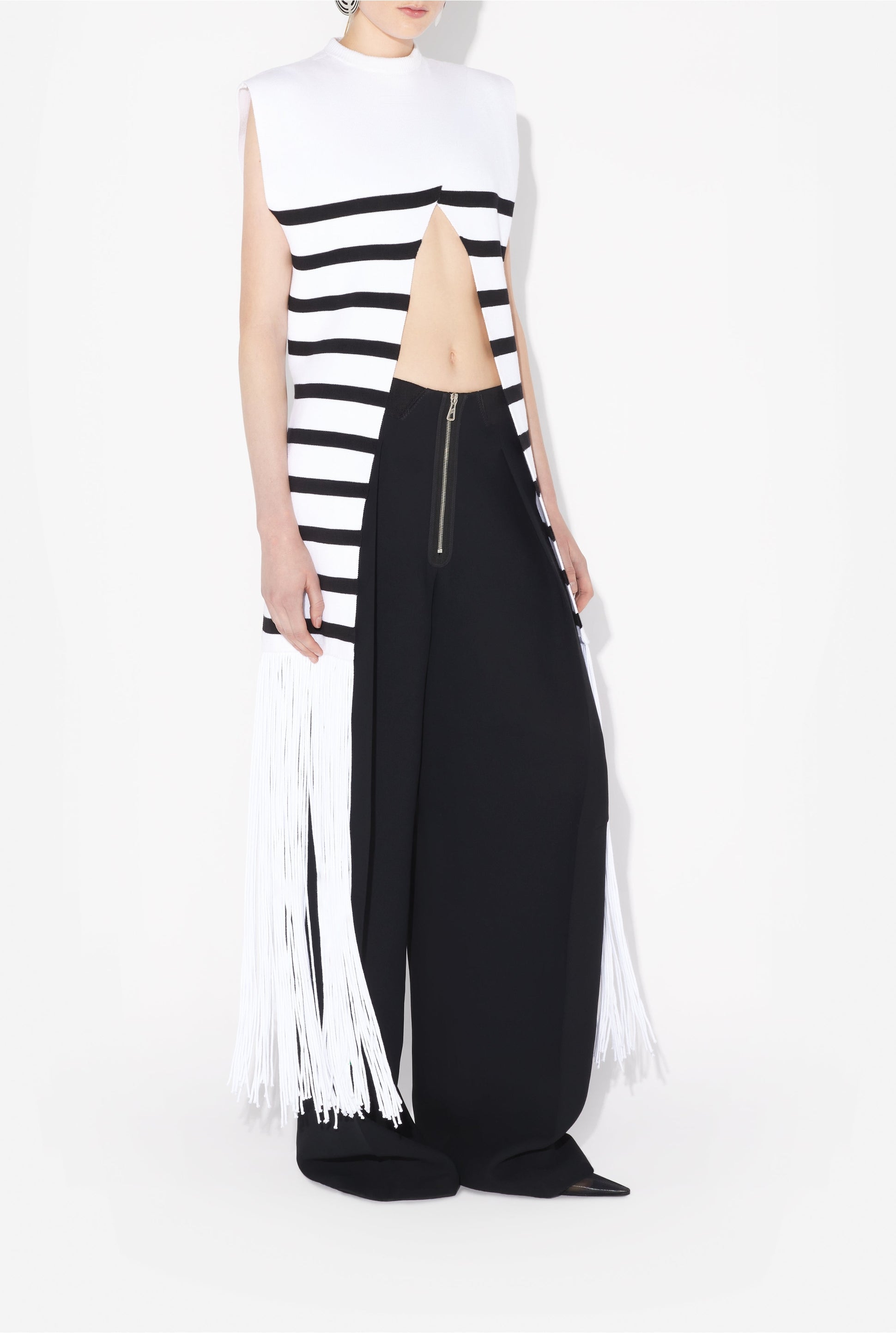 Top marinière à franges en coton - White & Black