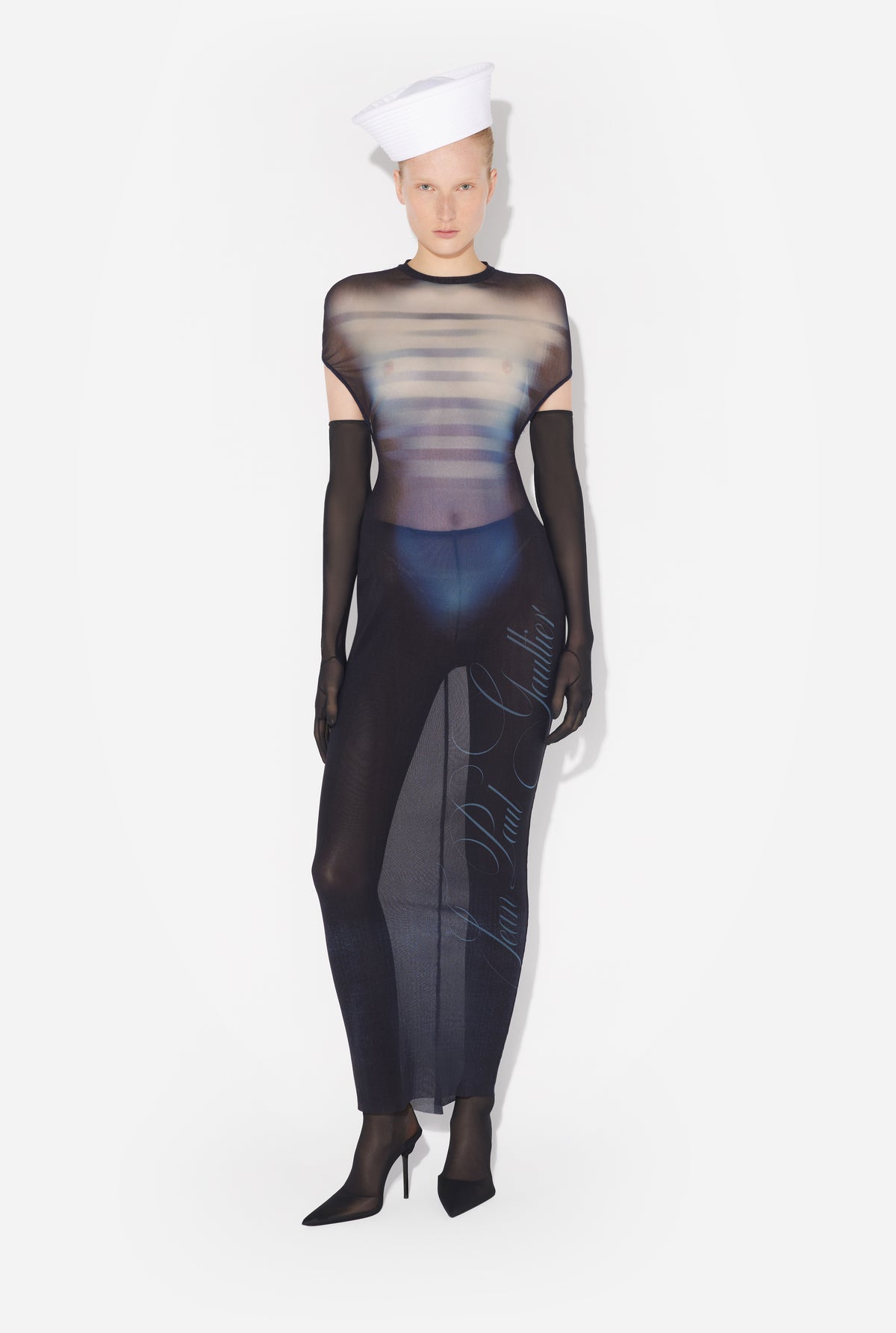 Mesh Long Dress Printed "Le Mâle" With Gathers Details - Navy & Lightblue & White