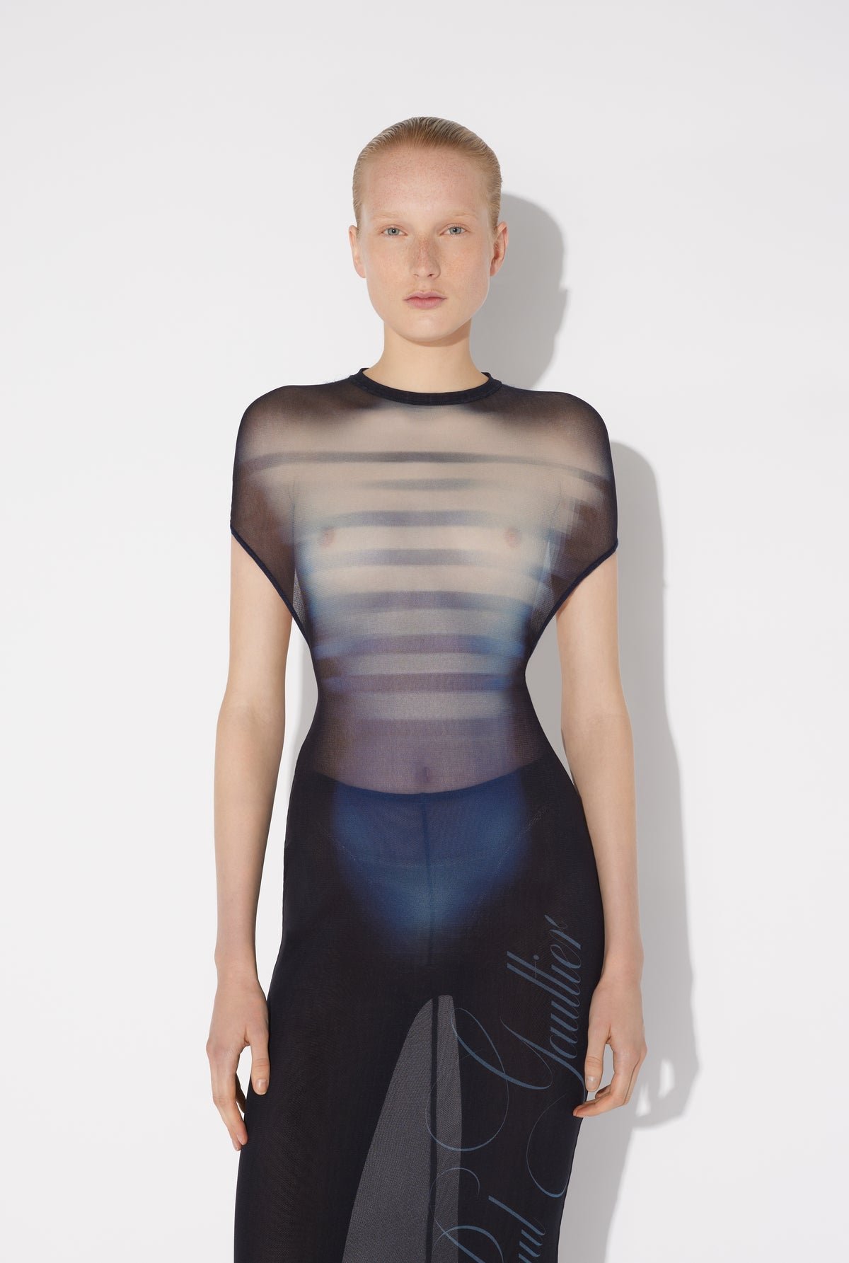 Mesh Long Dress Printed "Le Mâle" With Gathers Details - Navy & Lightblue & White