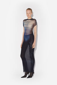 Mesh Long Dress Printed "Le Mâle" With Gathers Details - Navy & Lightblue & White