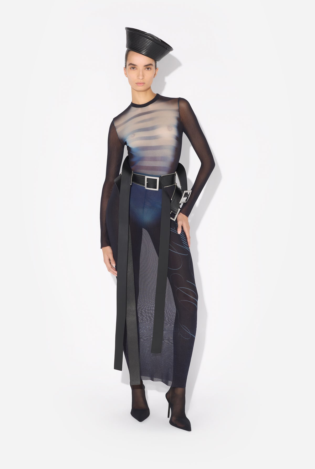 Mesh Crew Neck Long Dress Printed "Le Mâle" - Navy & Lightblue & White