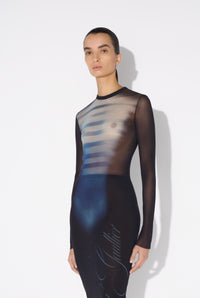 Mesh Crew Neck Long Dress Printed "Le Mâle" - Navy & Lightblue & White