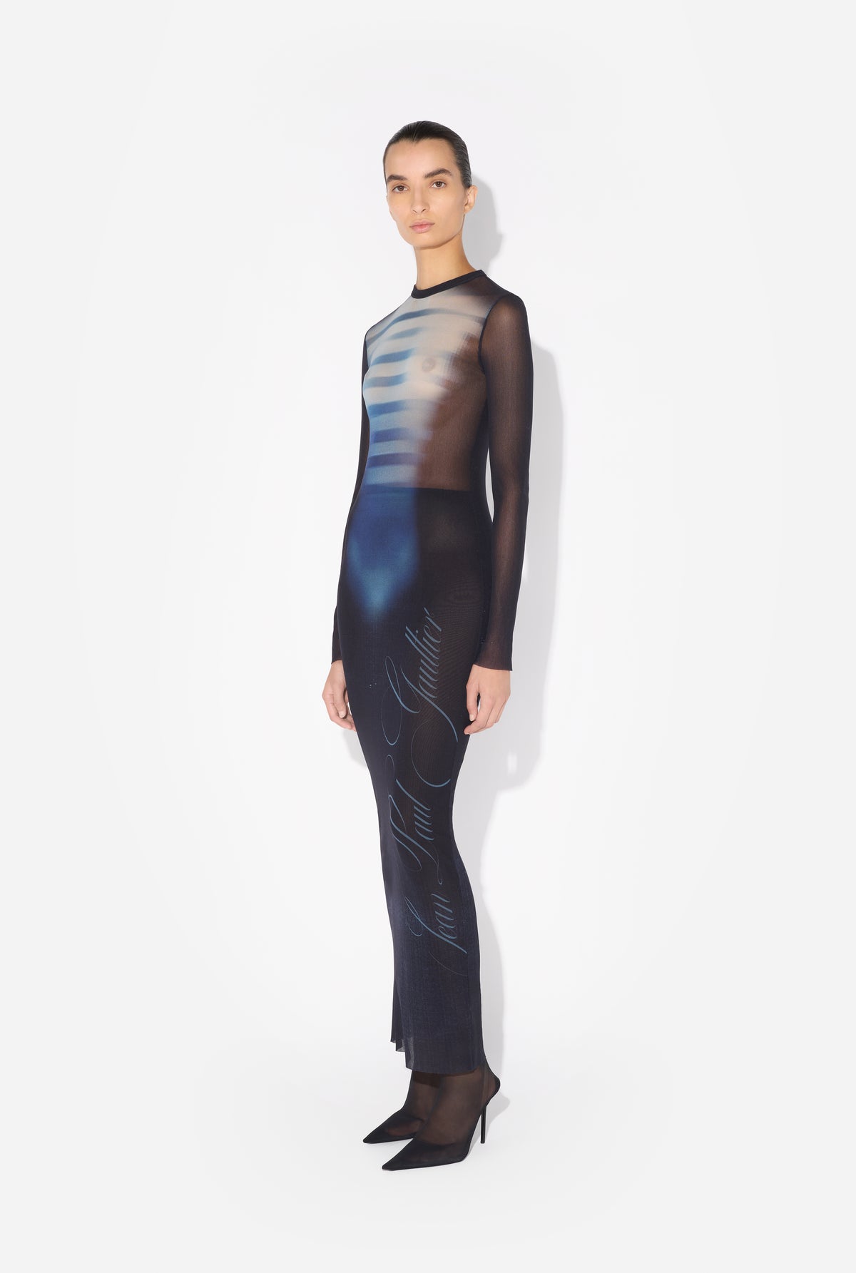 Mesh Crew Neck Long Dress Printed "Le Mâle" - Navy & Lightblue & White