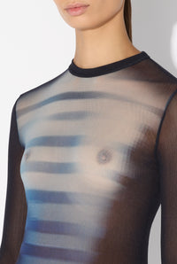 Mesh Crew Neck Long Dress Printed "Le Mâle" - Navy & Lightblue & White