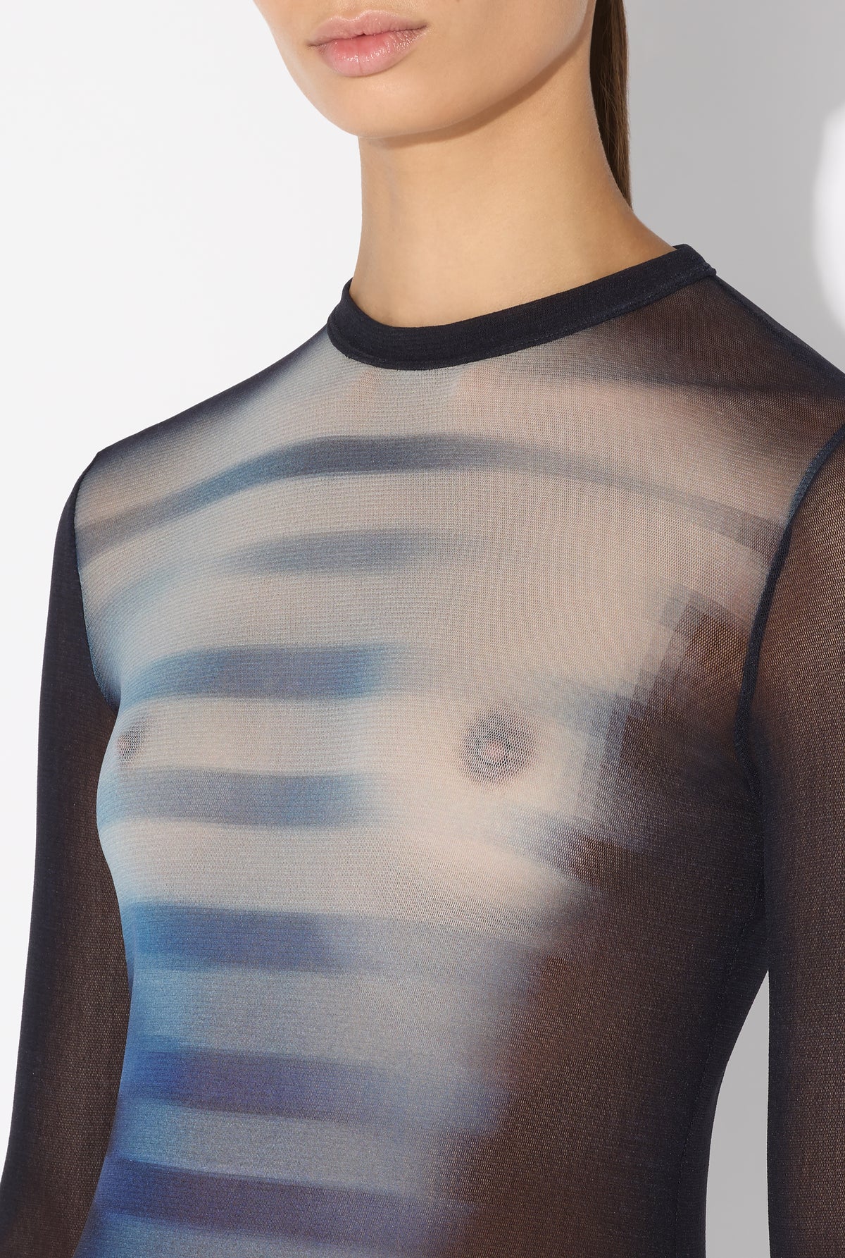 Mesh Crew Neck Long Dress Printed "Le Mâle" - Navy & Lightblue & White