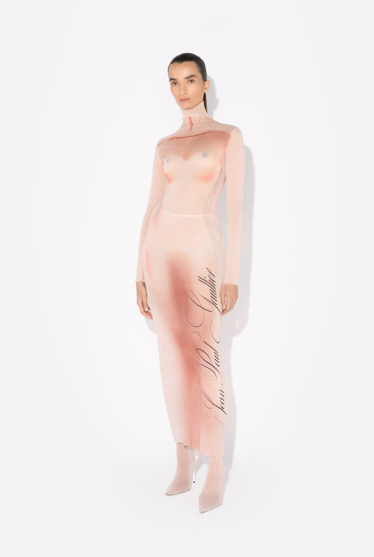 Mesh Turtleneck Long Dress Printed "Le Classique" - Palepink & Dustypink