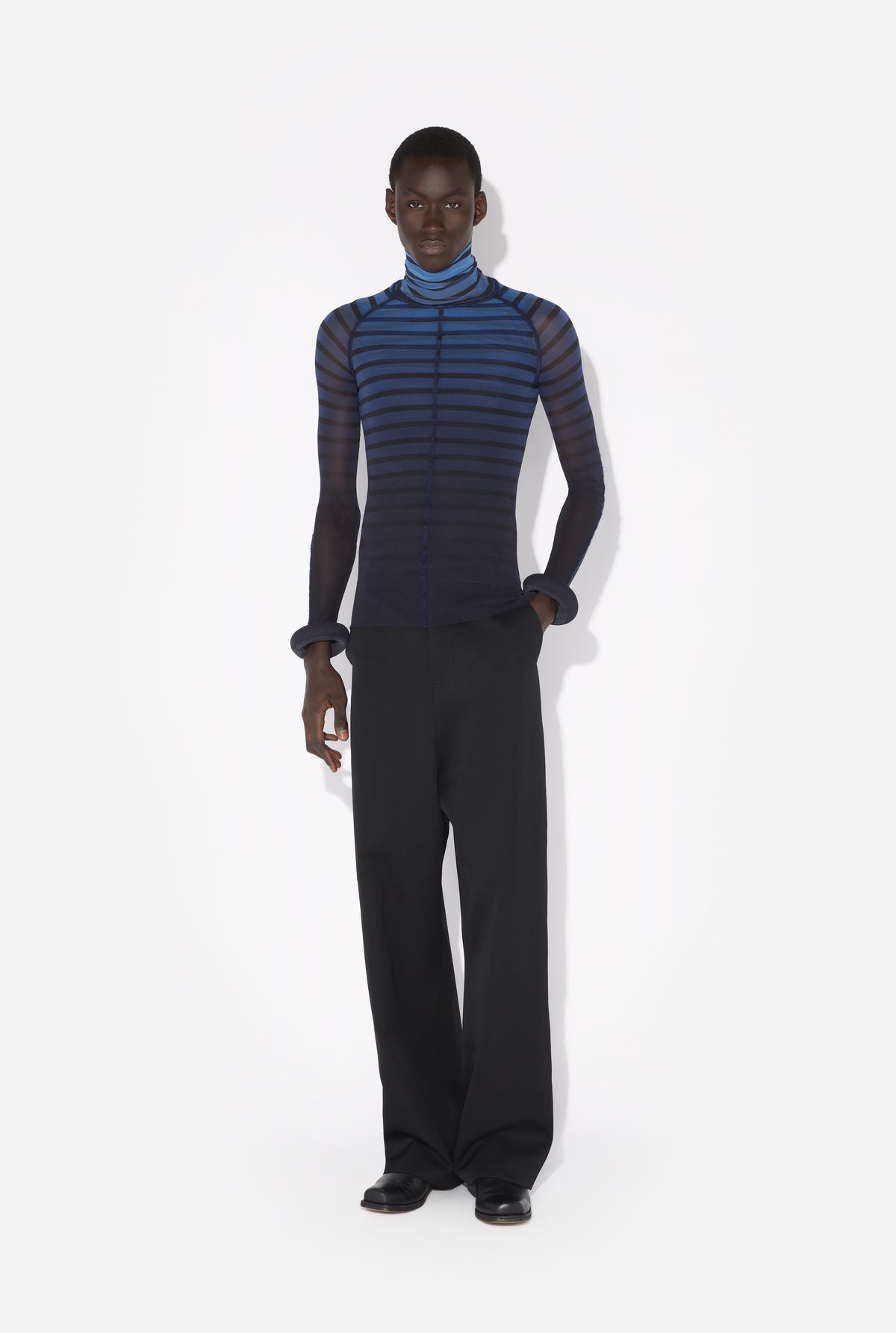 Mesh Turtleneck Long Sleeves Top With 3D Cuff - Black & Navy & Lightblue