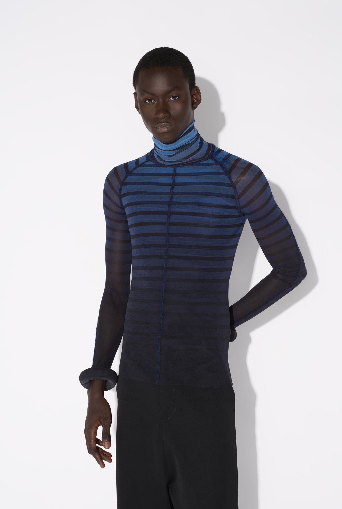 Mesh Turtleneck Long Sleeves Top With 3D Cuff - Black & Navy & Lightblue