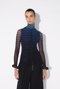 Mesh Turtleneck Long Sleeves Top With 3D Cuff - Black & Navy & Lightblue