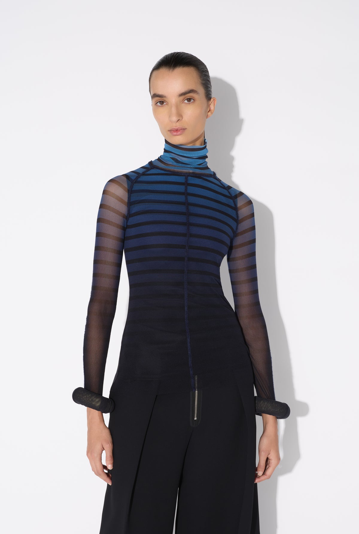 Mesh Turtleneck Long Sleeves Top With 3D Cuff - Black & Navy & Lightblue