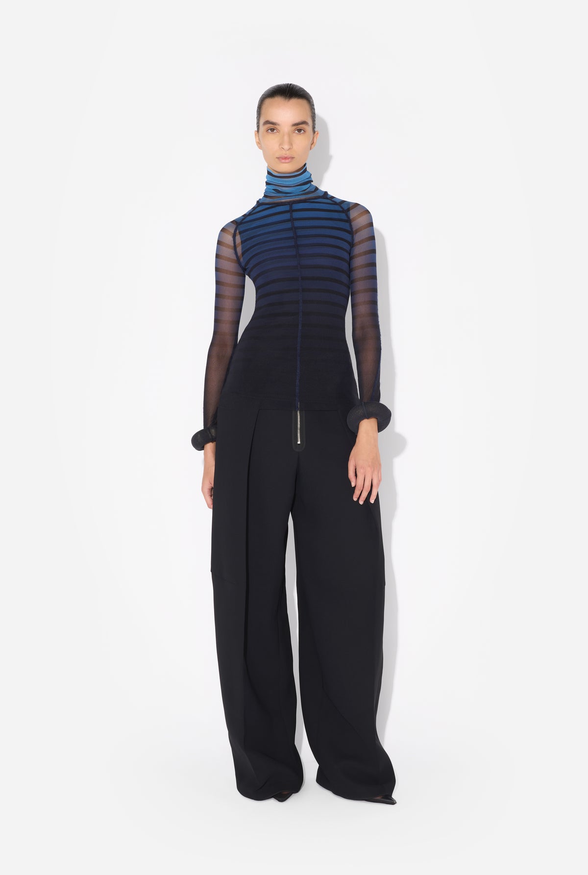 Mesh Turtleneck Long Sleeves Top With 3D Cuff - Black & Navy & Lightblue