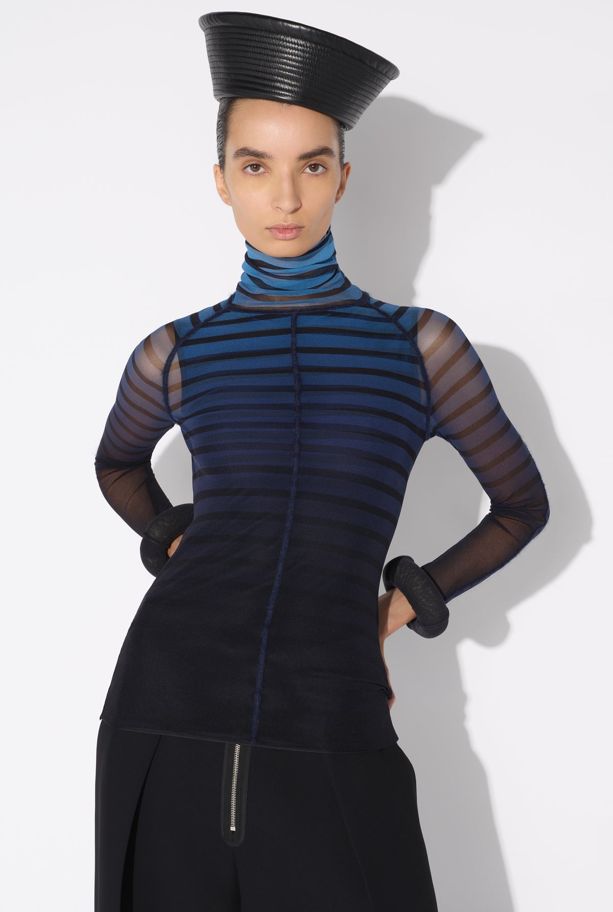 Mesh Turtleneck Long Sleeves Top With 3D Cuff - Black & Navy & Lightblue