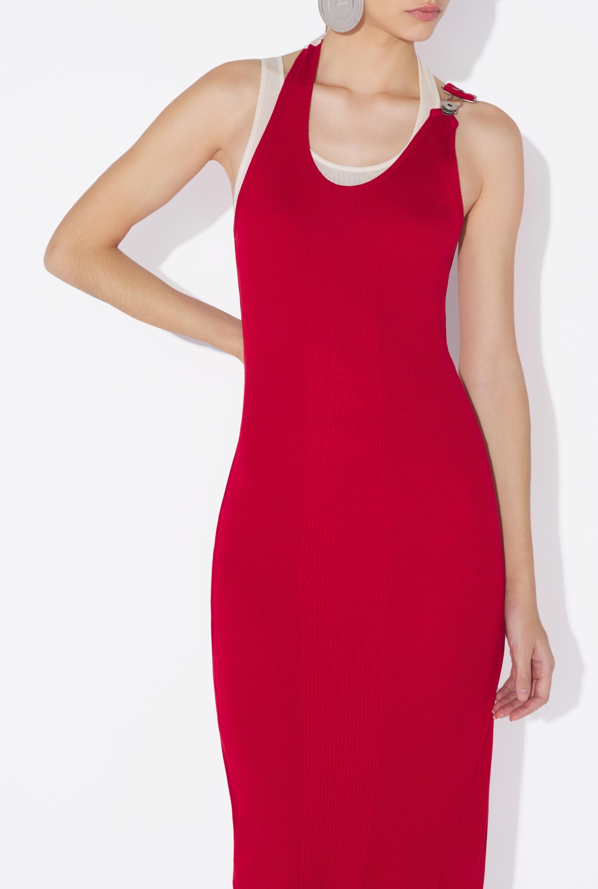 Robe double drapé en coton - Red & Écru