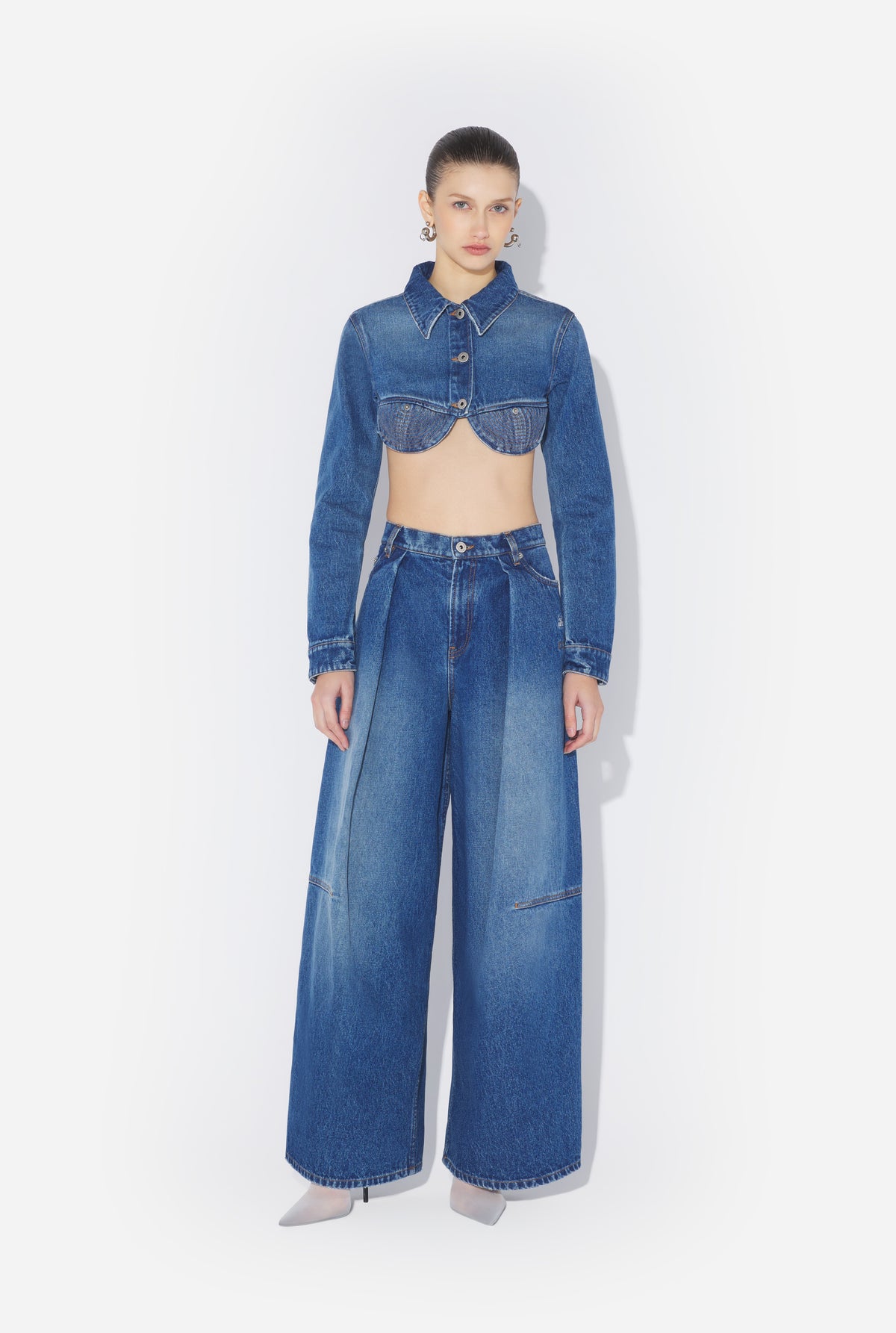 Denim Cropped Jacket With Topstitiching Details On Cups - Vintageblue