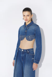 Denim Cropped Jacket With Topstitiching Details On Cups - Vintageblue