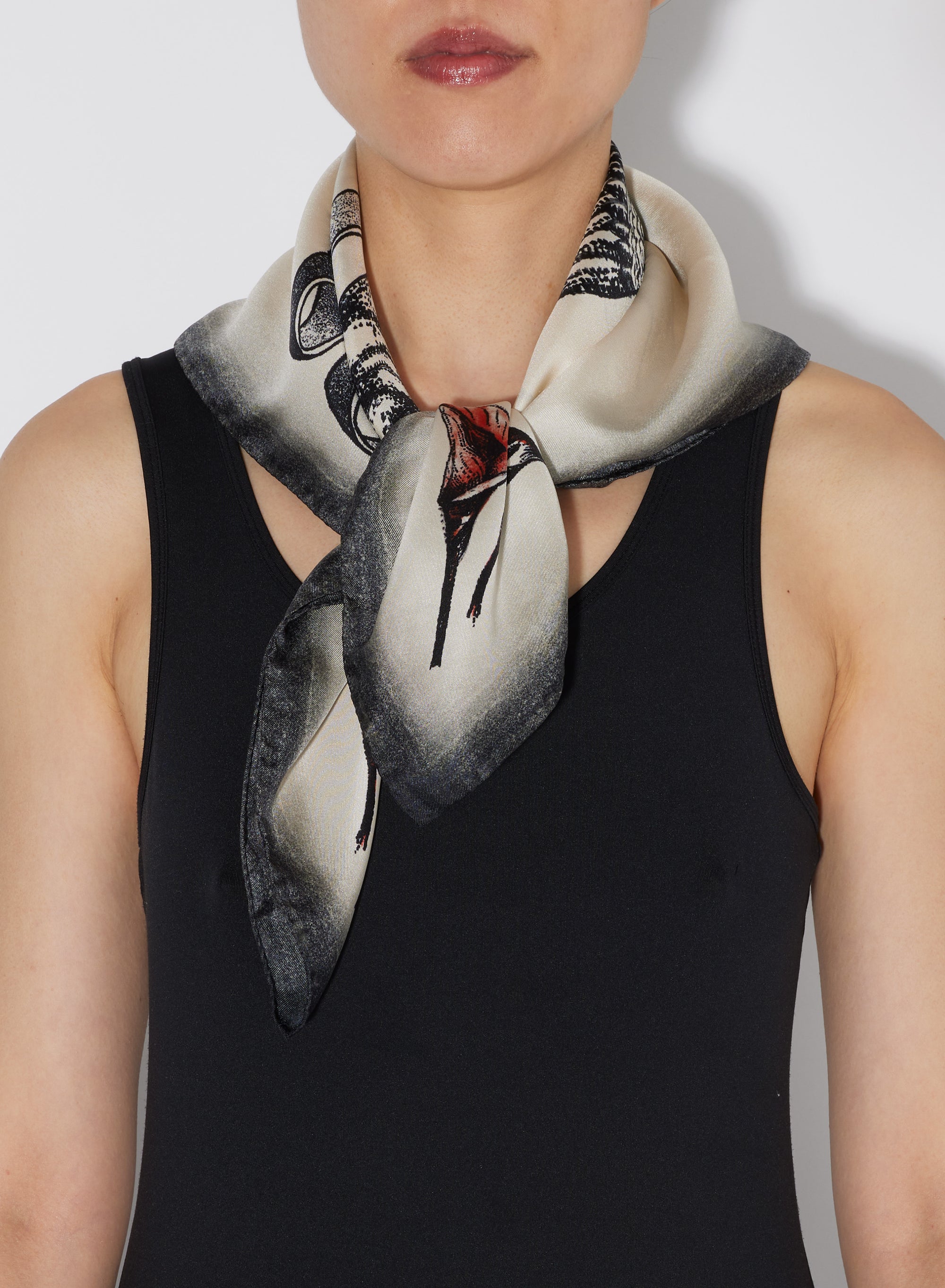 Unisex silk Tattoo Bird print scarf - Ecru & Black & Red