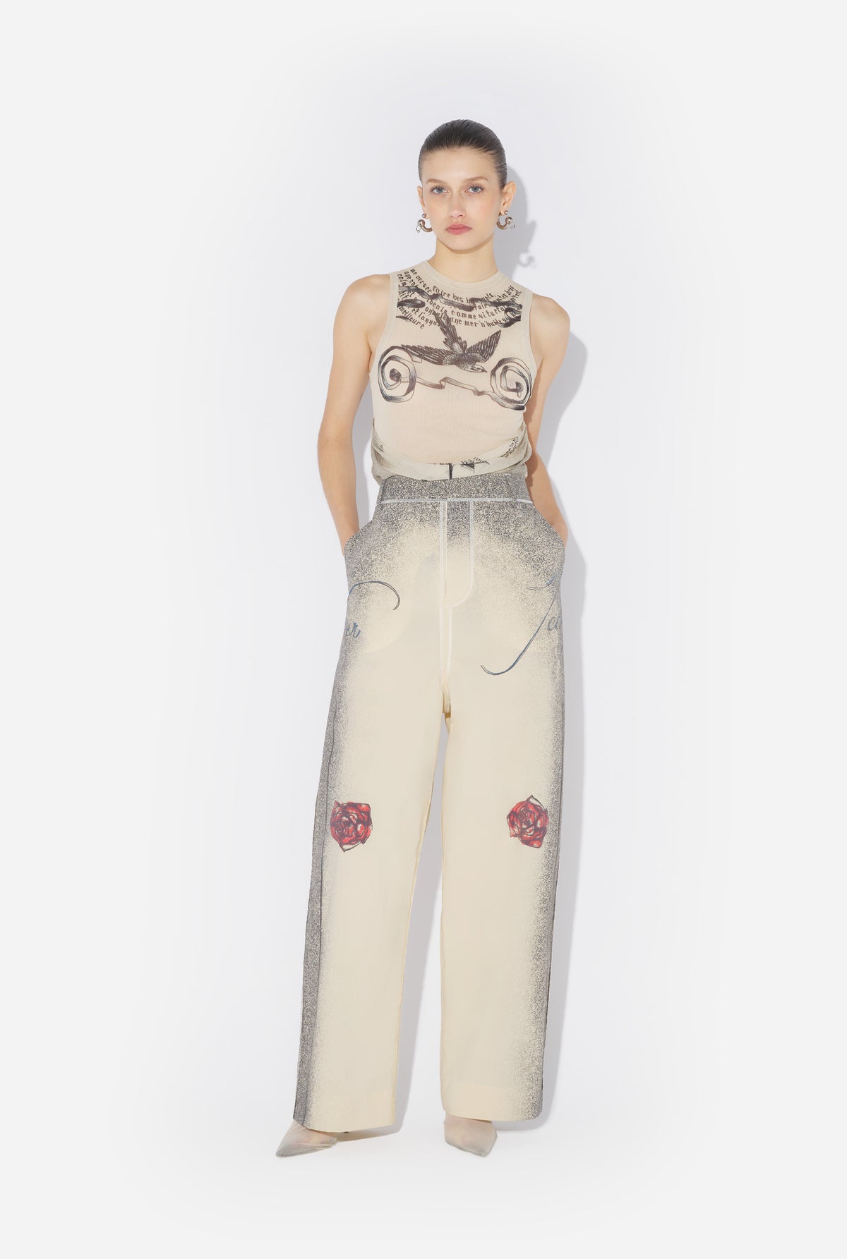 Le Pantalon Tailleur Multi-Tattoo - Ecru & Black & Red