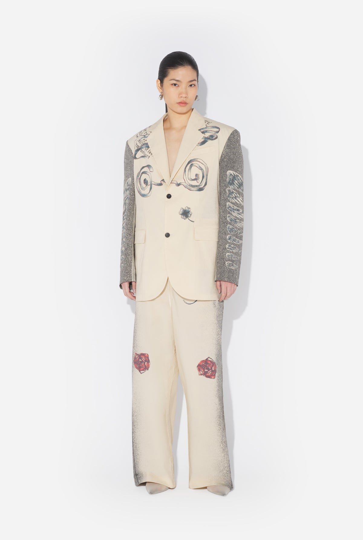 Light Weight Tailored Jacket Printed "Tattoo" - Ecru & Black & Red