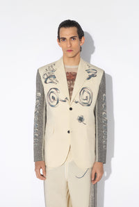 Light Weight Tailored Jacket Printed "Tattoo" - Ecru & Black & Red
