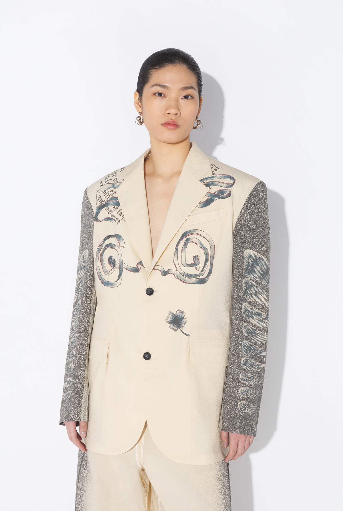 Light Weight Tailored Jacket Printed "Tattoo" - Ecru & Black & Red