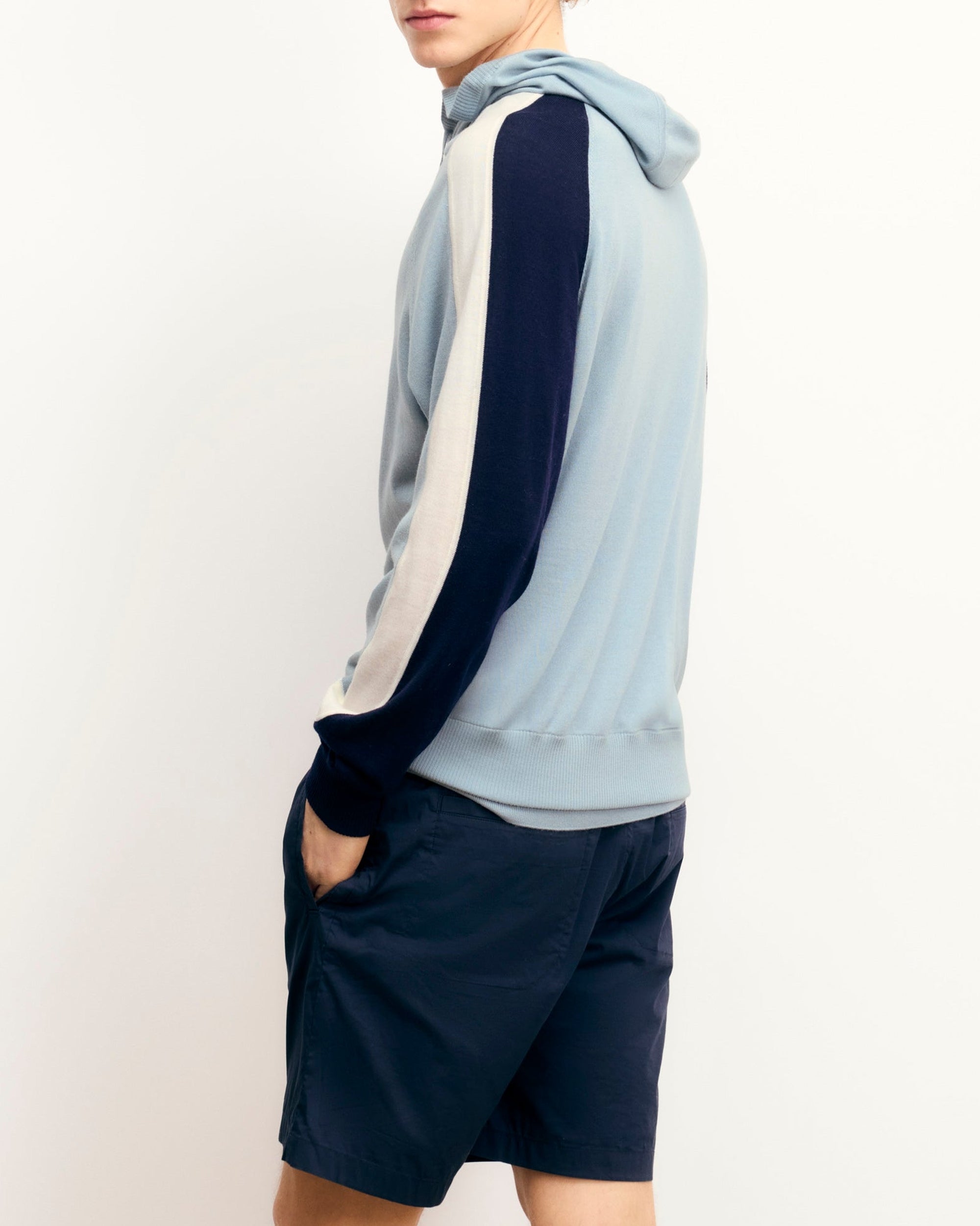 Hoodie bandes tricolores en laine - Grey Blue